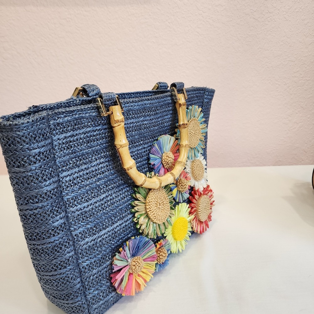 Haute Hippie Women's Straw Raffia Bag Purse With Gold Tone Chain Retro Ladylike - Picture 7 of 11